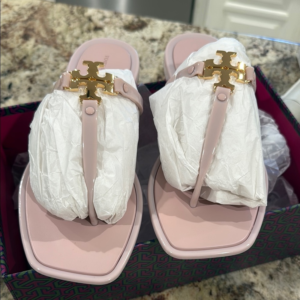Tory Burch Pink Gold Sandals Square-Toe Design